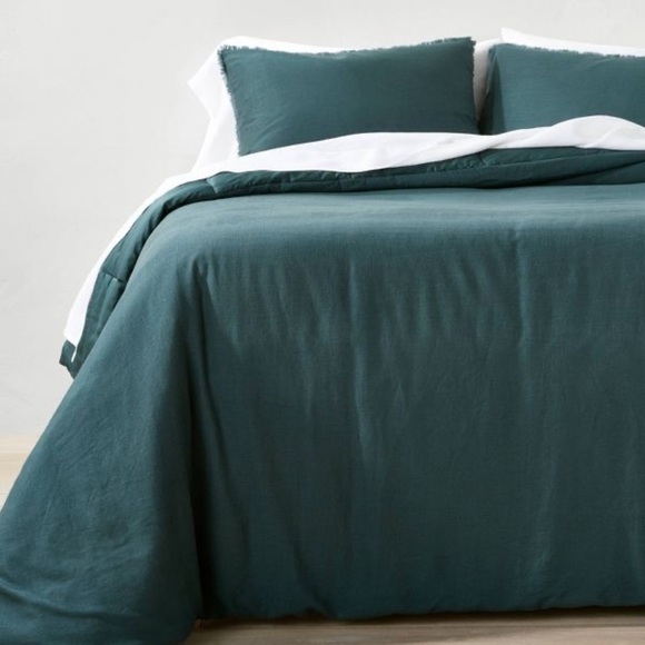 Casaluna KING Heavyweight Linen Blend Duvet Cover Set-  3 pc Dark Teal Green - Picture 1 of 6